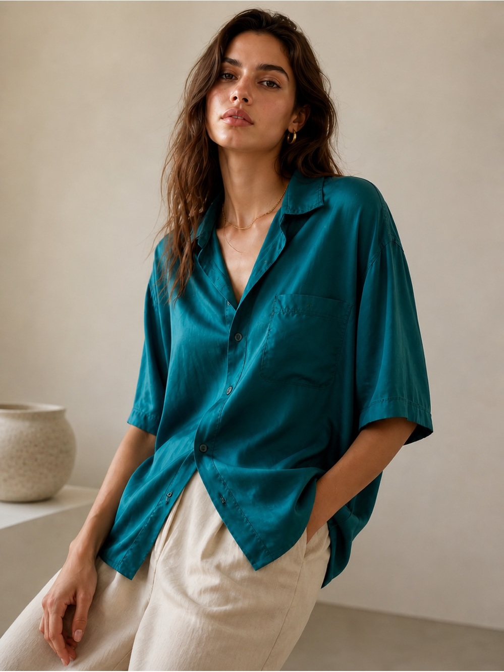 Vintage 100% Silk Teal Oversized Boyfriend Button Down Shirt